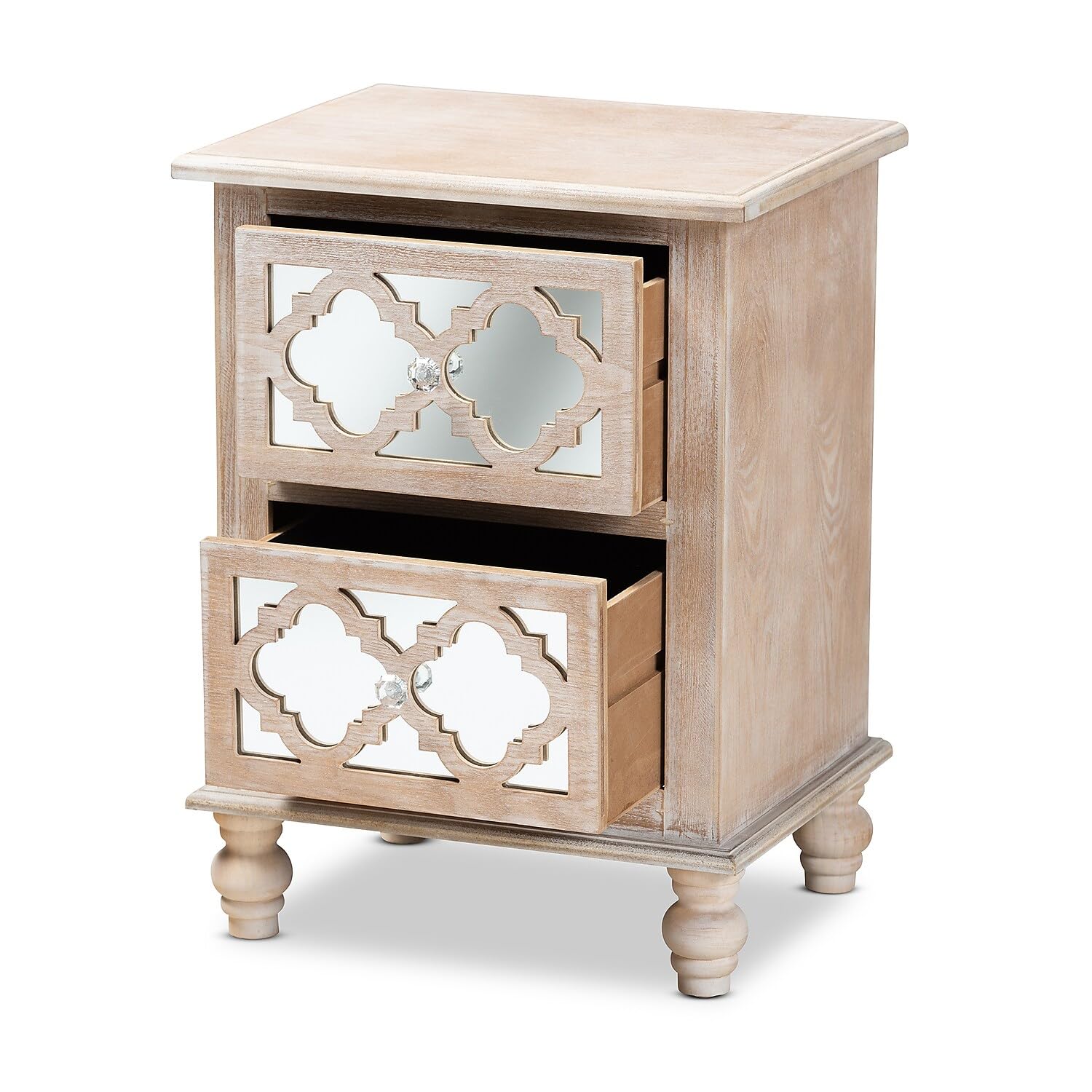 Baxton Studio Celia Transitional Rustic French Country White-Washed Wood and Mirror 2-Drawer Quatrefoil Nightstand